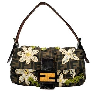 Fendi Vintage Zucca Floral Embroidered Baguette